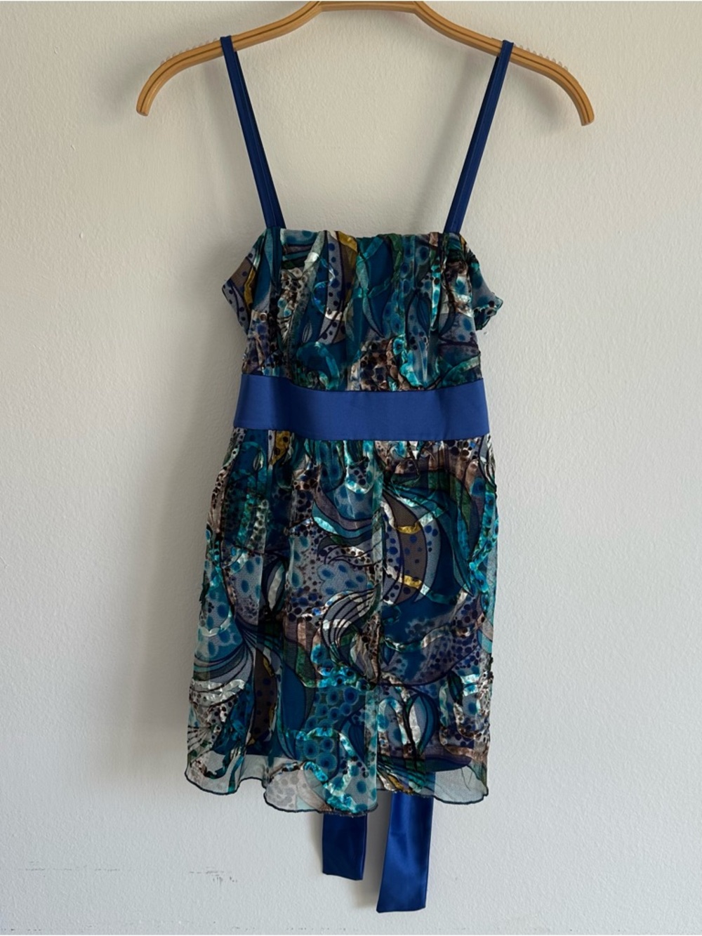 Vintage Y2K Tank Top Abstract Blue Tan Tie Back Mesh Milkmaid Fit Mermaid Fairy